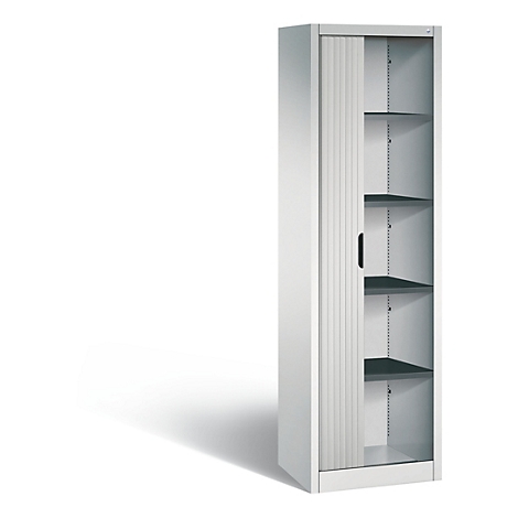 Witte archiefkast met een lamellendeur, open. Binnenin zijn zwarte planken te zien.