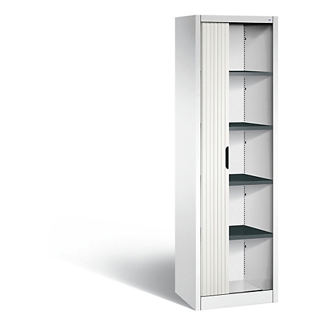 Witte kast met roldeur en open schappen. De linkerkant van de kast is gesloten.