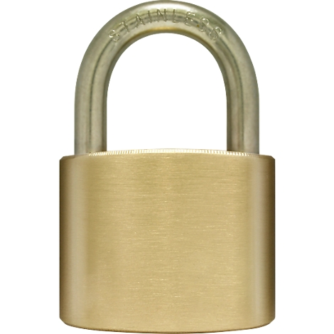 Gold padlock, with silver shackle, on a white background.