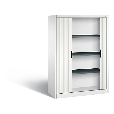 Weisser Schrank mit Rollladen, offene Tür zeigt Regale, graue Böden, schwarze Griffe.