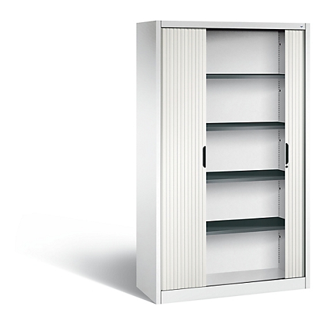 Weißer Schrank mit Rollladen. Die Schranktüren sind geöffnet, dahinter sind mehrere schwarze Einlegeböden zu sehen.