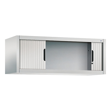 Hängeschrank in Silber mit Rollladen. Eine Tür ist geöffnet, die andere geschlossen.