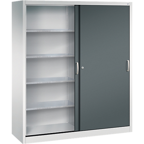 Büro-Schiebetürenschrank mit hellem Metallkorpus, vier Fachböden und einer dunkelgrauen Schiebetür.