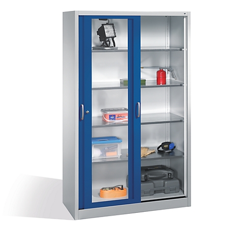 Grauer Werkstattschrank mit blauen Schiebetüren und sichtbarem Inhalt auf den Regalböden.