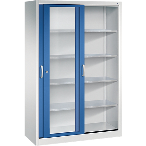 Büro-Stahlschrank in Lichtgrau mit einer blauen Schiebetür mit Sichtfenster und Fachböden.