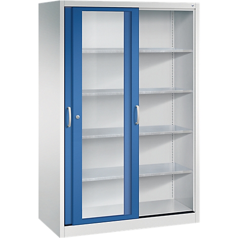 Büro-Stahlschrank mit weißem Korpus und blauer Schiebetür mit Glaseinsatz.