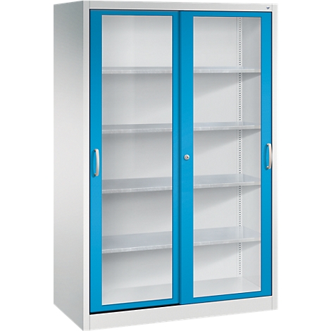 Weißer Metallschrank mit zwei blauen Schiebetüren mit Glaseinsatz und vier Regalfächern.