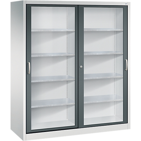 Büroschrank in Weiß mit zwei grauen Schiebetüren mit Glasfront und verstellbaren Einlegeböden.