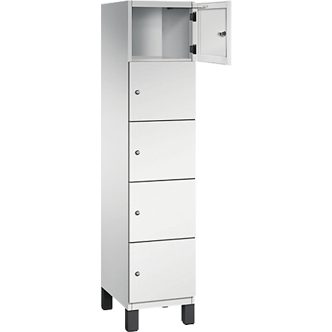 Weißer Schrank mit vier Türen und einem offenen Fach oben rechts.