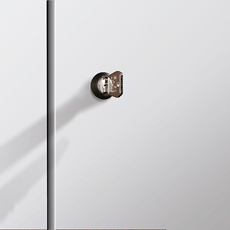 Detailaufnahme: Ein Schlüssel steckt in einem dunklen Schloss an einer weißen Tür. Der Schatten einer schwarzen Stange ist zu sehen.