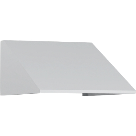 Weißer Dunstabzug mit schräger Oberfläche. Der untere Teil ragt hervor.