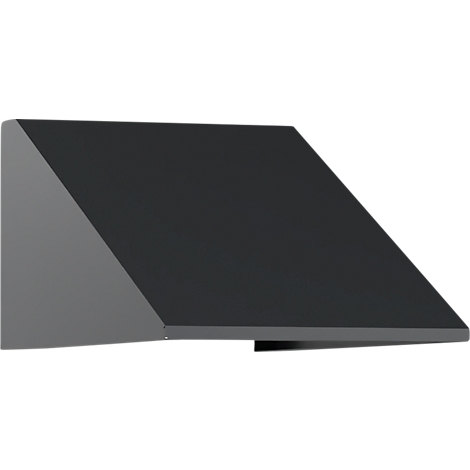 Dunkelgraue Dunstabzugshaube mit schräger Oberfläche. Die rechteckige Form hat eine leicht geneigte Front.