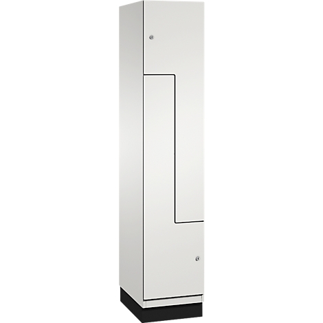 Witte kast met offset deur, twee knoppen. Zwarte voet.