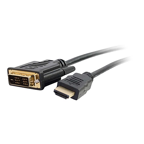 Schwarzes DVI-zu-HDMI-Kabel. Der DVI-Stecker ist goldfarben, der HDMI-Stecker schwarz. Das Kabel liegt auf weißem Hintergrund.
