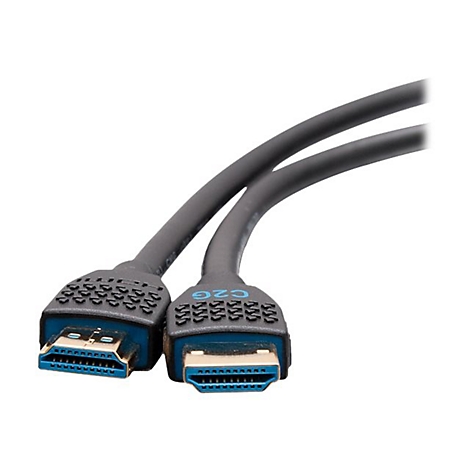 Ein schwarzes HDMI-Kabel mit blauen Enden, das vor weißem Hintergrund liegt.
