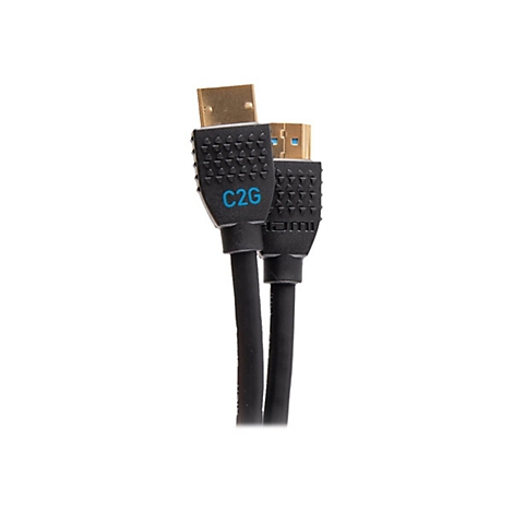 Ein schwarzes HDMI-Kabel mit goldenen Steckern und der Aufschrift "C2G".