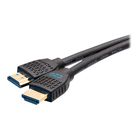Ein schwarzes HDMI-Kabel mit blauen und goldenen Anschlüssen. Auf den Steckern steht "C2G" und "HDMI Ultra High Speed".
