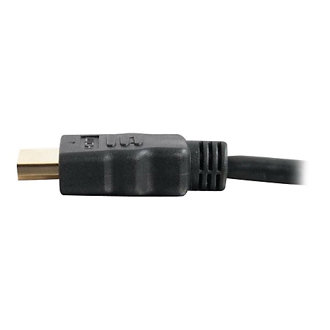 Nahaufnahme eines schwarzen HDMI-Kabels mit goldenem Stecker. Das Kabel ist an einem schwarzen Stecker angeschlossen.