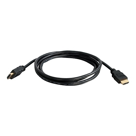 Ein schwarzes HDMI-Kabel liegt vor weißem Hintergrund. An beiden Enden befinden sich Stecker.