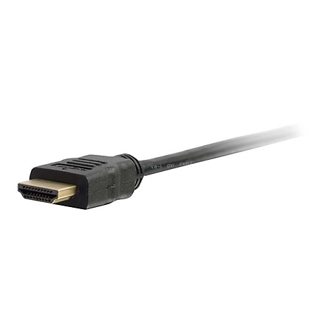 Ein schwarzes HDMI-Kabel mit goldenem Anschluss, auf weißem Hintergrund.