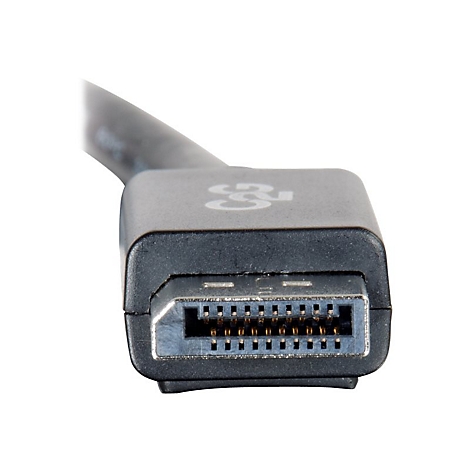 Nahaufnahme eines DisplayPort-Steckers, schwarz, mit goldfarbenen Pins, der aus einem schwarzen Kabel ragt.