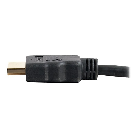 Nahaufnahme eines schwarzen HDMI-Kabels mit goldenem Stecker. Der Stecker ist in einem schwarzen Gehäuse eingelassen.