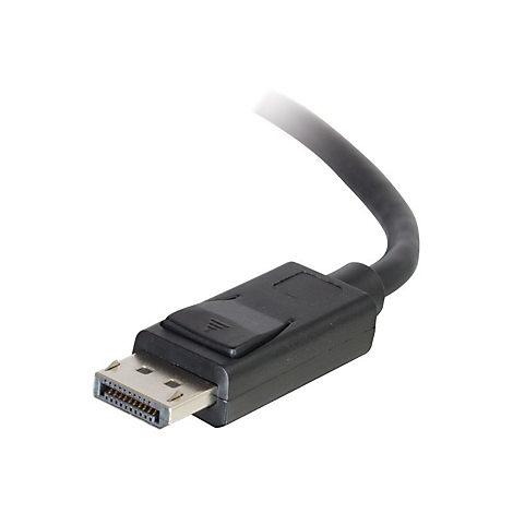 Nahaufnahme eines schwarzen DisplayPort-Kabels, das auf weißem Hintergrund abgebildet ist.