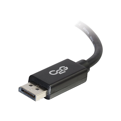 Schwarzes DisplayPort-Kabel mit Stecker und Kabel. Auf dem Stecker befindet sich das Logo "C2G".