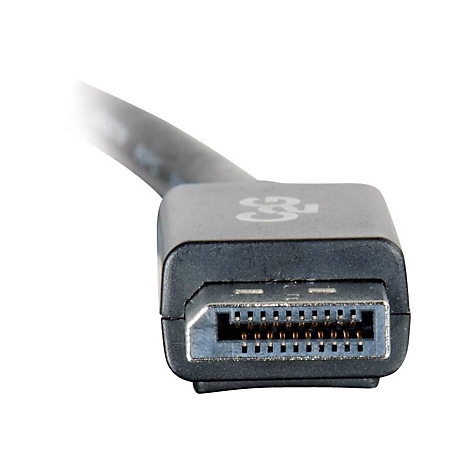 Nahaufnahme eines schwarzen DisplayPort-Kabels, Stecker im Fokus. Die Steckerstifte und das Logo sind erkennbar.