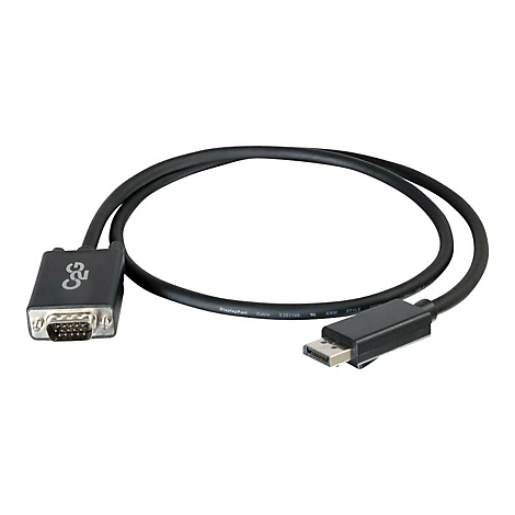 Schwarzes DisplayPort-Kabel mit VGA-Anschluss, liegt vor weißem Hintergrund. Der DisplayPort-Anschluss ist rechteckig. Das Kabel ist in einer Schlaufe gelegt.