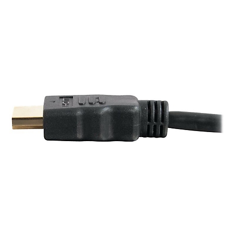 Nahaufnahme eines HDMI-Kabels mit schwarzem Stecker und goldenem Anschluss.