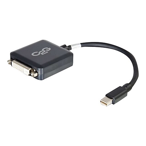Ein schwarzer DVI-auf-Mini-DisplayPort-Adapter mit Kabel. Der Adapter hat das Logo "C2G".