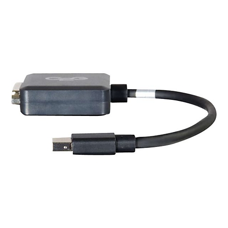 Ein schwarzer Mini-DisplayPort-zu-VGA-Adapter, verbunden mit einem Kabel.