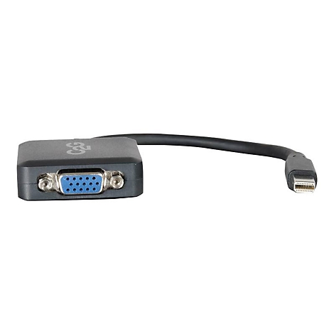 Ein schwarzer Adapter mit einem VGA-Anschluss und einem Mini-DisplayPort-Anschluss. Das Produkt ist auf weißem Hintergrund abgebildet.