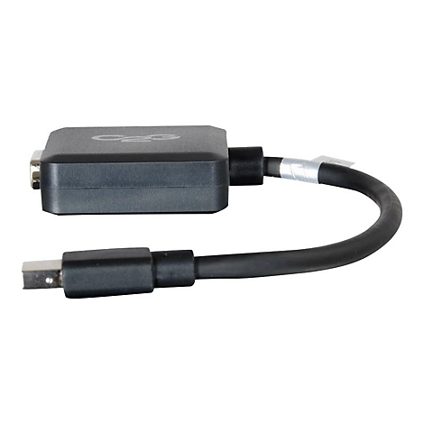 Ein schwarzer Adapter mit einem VGA-Anschluss, einem Mini-DisplayPort-Anschluss und einem kurzen Kabel.