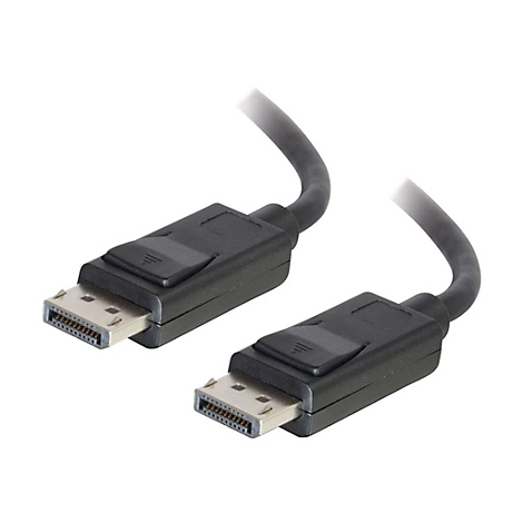 Zwei schwarze DisplayPort-Kabel mit Steckern; Steckerseite mit Metallkontakten, Steckergehäuse aus Kunststoff.