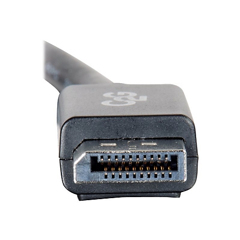 Nahaufnahme eines DisplayPort-Steckers. Der Stecker ist schwarz mit einem Metallgehäuse. Darin sind goldene Pins zu sehen.