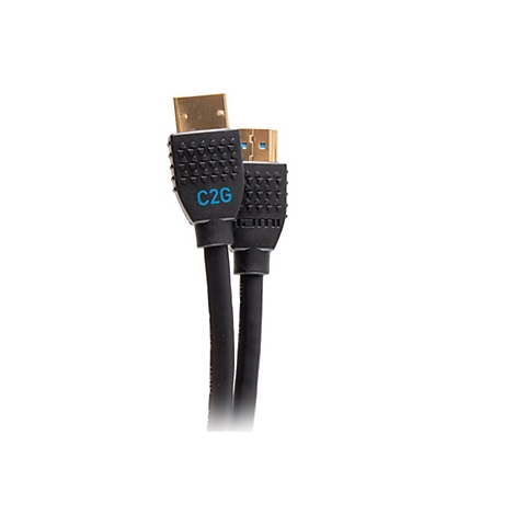Zwei schwarze HDMI-Kabel mit goldfarbenen Anschlüssen. Auf einem Stecker steht "C2G" in Blau.