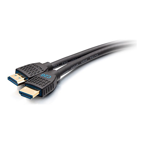 Zwei schwarze HDMI-Kabel mit blauen und goldenen Steckern auf weißem Hintergrund.