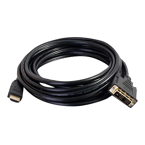 Ein schwarzes HDMI-DVI-Kabel, gerollt. Ein HDMI-Anschluss links, ein DVI-Anschluss rechts.