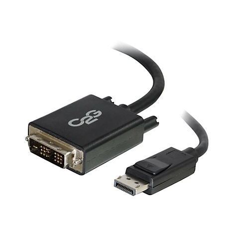 Schwarzes DVI-zu-DisplayPort-Kabel. Auf dem DVI-Stecker ist das C2G-Logo zu sehen.
