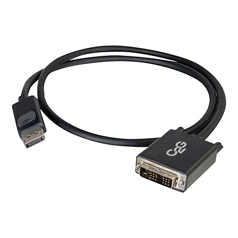 Schwarzes DisplayPort-auf-DVI-Kabel. Auf einem Ende DisplayPort-Stecker, auf dem anderen DVI-Stecker.