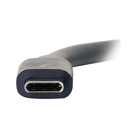 Ein USB-C-Stecker. Der Stecker ist dunkelgrau, mit einer länglichen, abgerundeten Form.