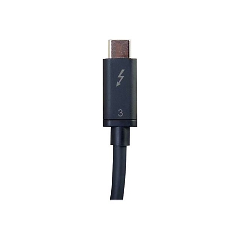 Nahaufnahme eines schwarzen Thunderbolt 3 Kabels mit Blitz-Symbol und der Ziffer 3.