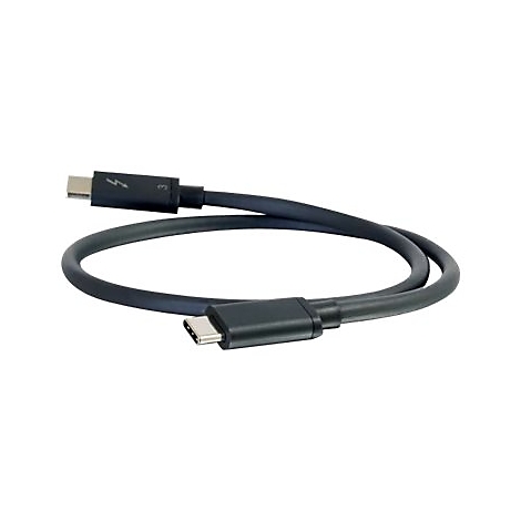 Ein schwarzes Thunderbolt-Kabel mit USB-C-Anschlüssen an beiden Enden. Ein Blitzsymbol ist auf einem der Stecker zu sehen.