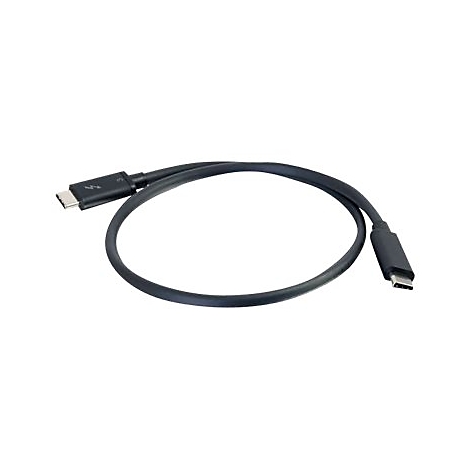 Ein schwarzes USB-C-Kabel auf weißem Hintergrund. An einem Ende befindet sich ein Thunderbolt-Anschluss.