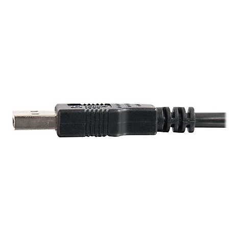 Nahaufnahme eines schwarzen USB-Kabels, Stecker links, Kabel rechts. Der Stecker ist rechteckig mit einem silbernen Anschluss.