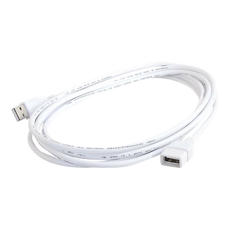 Ein weißes USB-Kabel, das auf weißem Hintergrund gewunden liegt. An einem Ende befindet sich ein USB-Stecker, am anderen eine USB-Buchse.