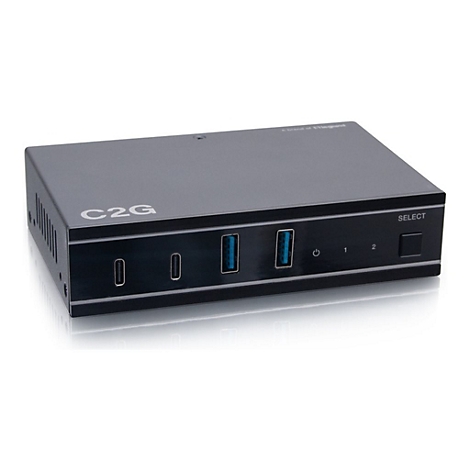 Schwarzer USB-Switch mit Anschlüssen, C2G-Logo und Select-Taste.