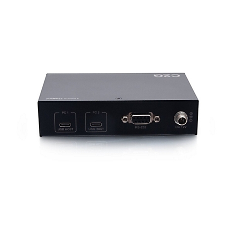Schwarzes Gerät mit Anschlüssen: USB, RS-232, DC 12V. Aufschrift: PC 1, PC 2, USB Host.